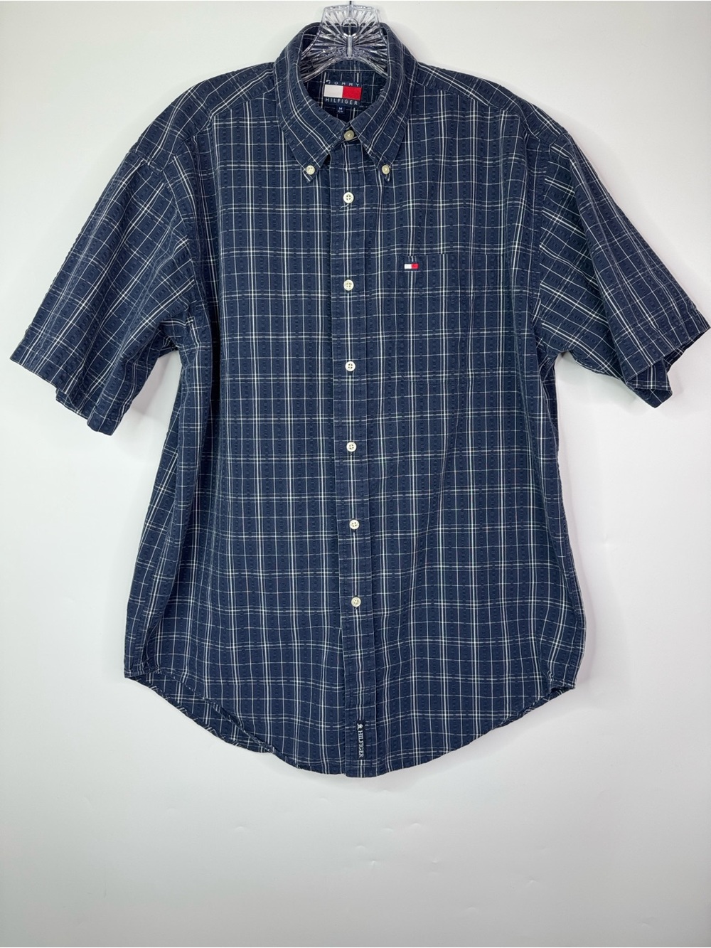 Vintage Tommy Hilfiger Blue Short Sleeve Button Up Shirt Size Medium